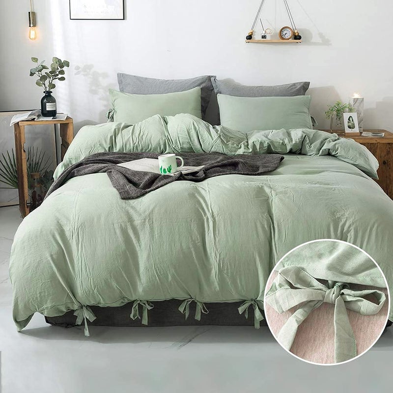 annadaif Sage Green Duvet Cover Full Size, 3 Pieces Soft Washed Microfiber Duvet Cover Set, Comforter Cover with Bowknot Bow Tie (1 Duvet Cover 79x90 Inch, 2 Pillowcases) Easy Care Bedding Set - Image 1